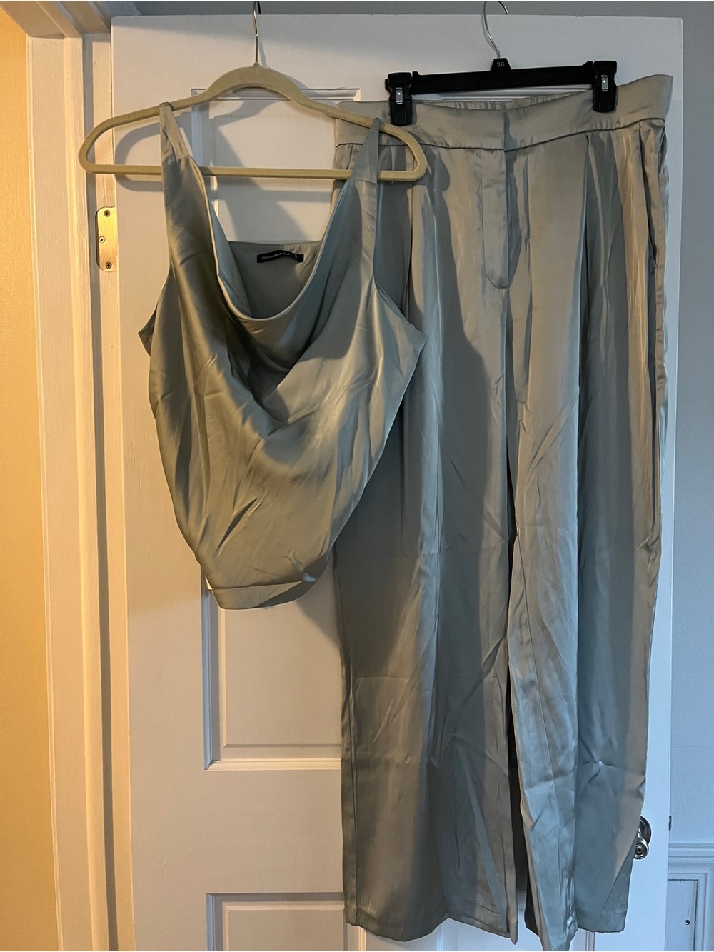 Abercrombie & Fitch Light Sage Satin Cowl Tank & Wide-Leg Pants
